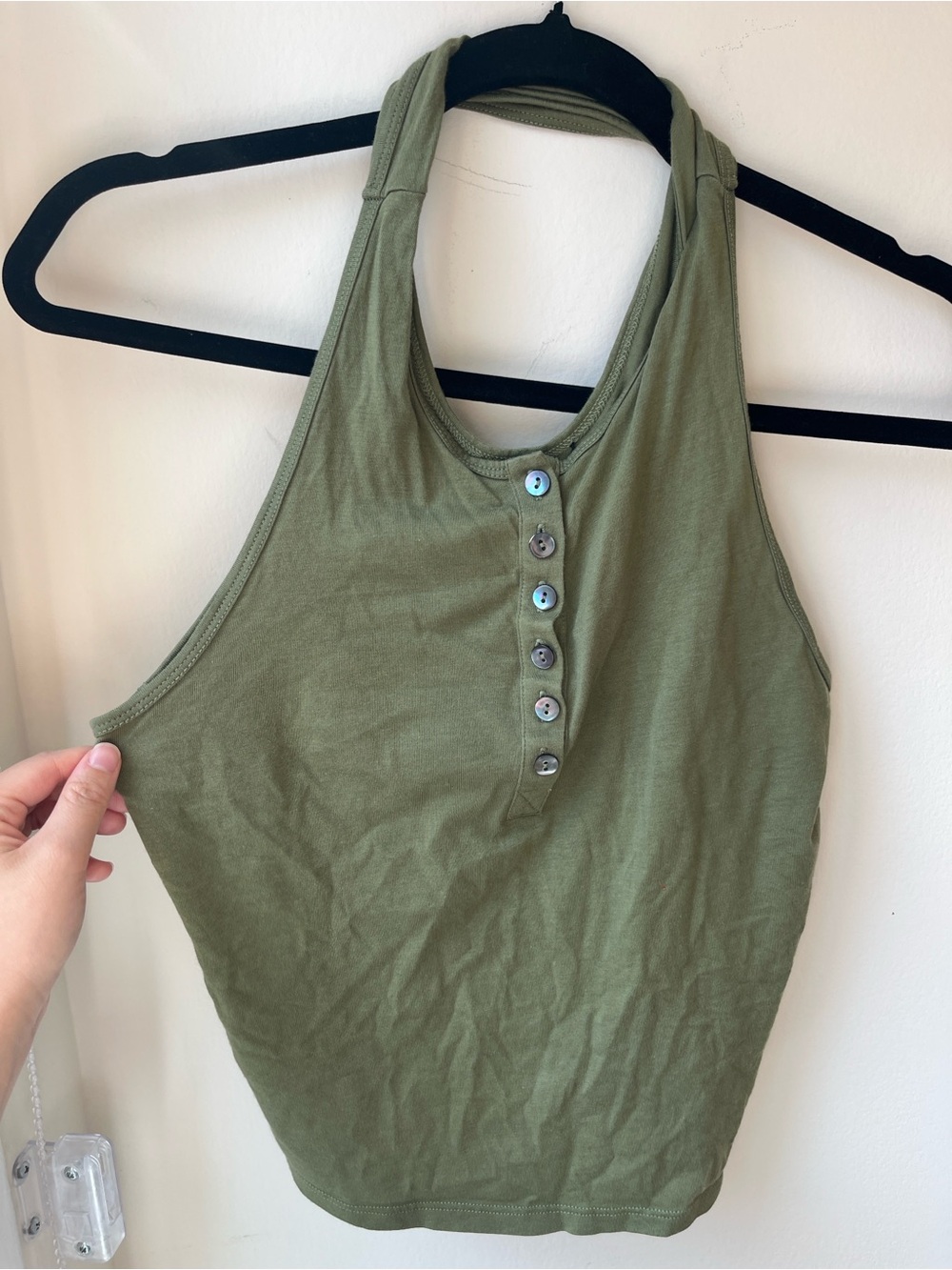 Sleeveless Olive Green Halter Button Tank Top